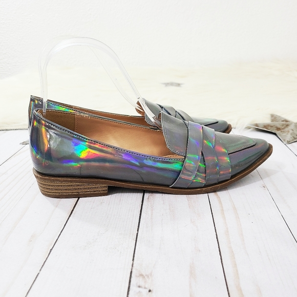 SOLD JustFab Raia holographic loafers rainbow silver 7 - Picture 3 of 8